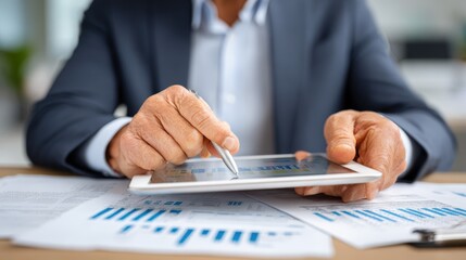 Business Professional Analyzing Data on Tablet with Graphs and Reports