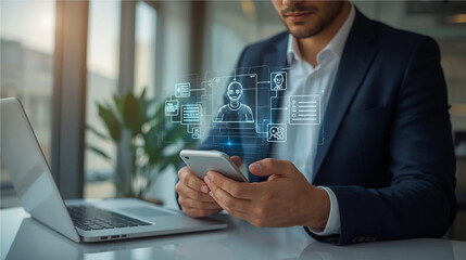 Businessman using smartphone with futuristic AI interface in modern office, symbolizing digital transformation and data management.