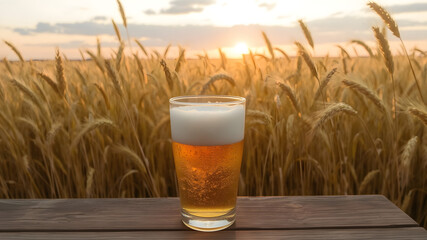 A frothy glass of beer rests on a wooden table set against a backdrop of endless golden wheat swaying in the warm breeze at sunset