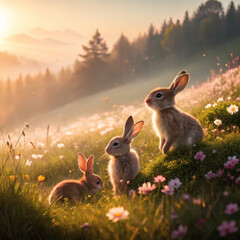 Three adorable baby rabbits in a sunlit meadow filled with wildflowers