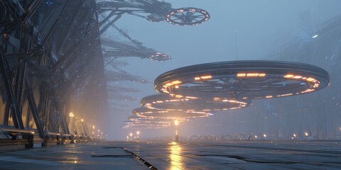 Futuristic cityscape with hovering crafts.  A mysterious, atmospheric scene.