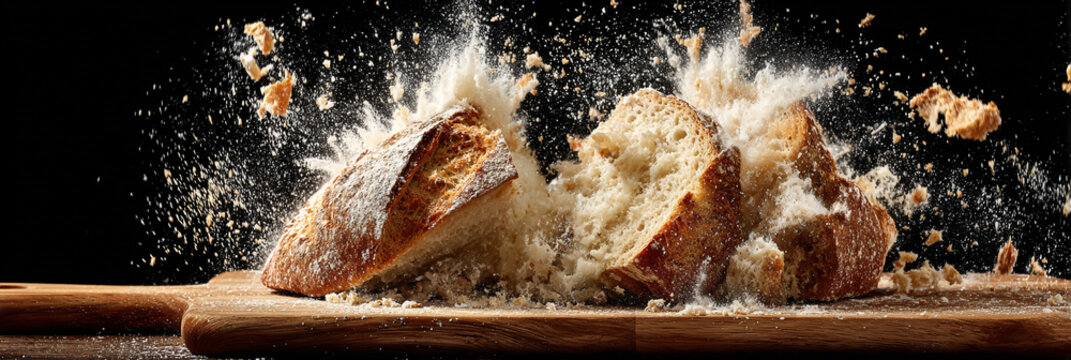 Freshly baked wheat bread loaf and delicious pastry slice burning with fire in the night isolated on a dark background like a healthy homemade breakfast meal