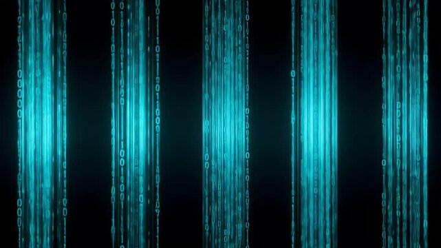 Teal digital code streams falling on black background, used for tech design
