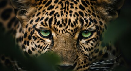 Obraz premium Leopard Close Up Portrait Bright Green Eyes Tan Black Rosette Spots Wildlife Nature
