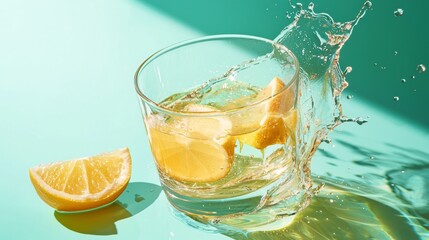 Lemon slices splashing in glass of water on teal surface for fresh beverage product photography scene