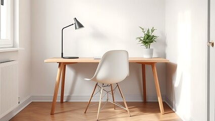 Scandinavian-inspired office space with a wooden desk, white chair, and potted plant by the window.