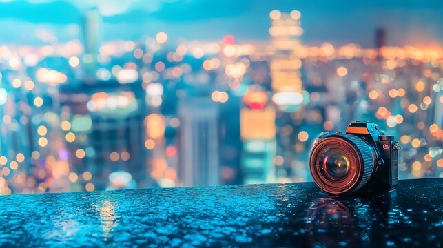 Digital camera with city lights in background on rooftop for photography travel urban lifestyle night scene
