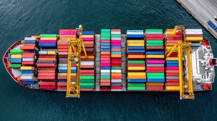 Obraz premium Aerial View of Colorful Cargo Ship in Busy Port with Containers