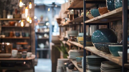 Naklejka premium Ceramic bowls and kitchen items on store shelves with bokeh lights for retail product photography lifestyle scene
