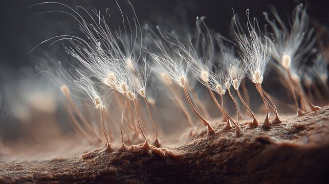 Closeup of mycelium filaments emerging, showcasing coffee texture under soft light, highlighting nature's intricate details.