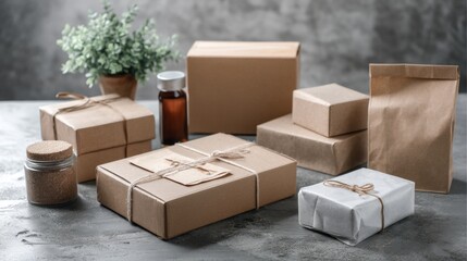 Fototapeta premium Assorted cardboard shipping boxes arranged on grey background for logistics packaging delivery photography scene