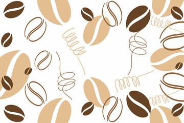 Vector seamless pattern featuring stylized coffee beans in a minimalistic line art style. The design uses soft brown tones on a white background, creating a warm and modern aesthetic ideal for packagi