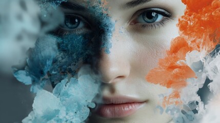 Double exposure female portrait with colorful paint clouds for creative surreal artistic photography beauty scene