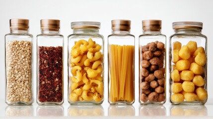 Collection of clear spice jars filled with pasta legumes and nuts for kitchen pantry photography food scene