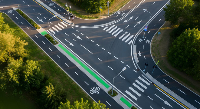 Aerial perspective of a modern road intersection with dedicated bicycle lanes offering a sustainable urban transportation infrastructure