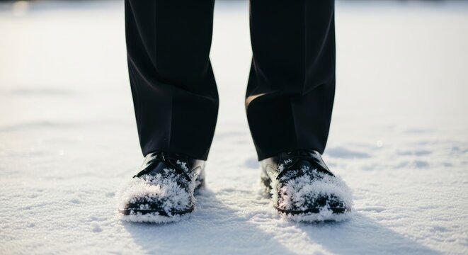 A groom stands barefoot in the snow, icy ground—symbolizing "cold feet" in a visually poetic and literal way.
