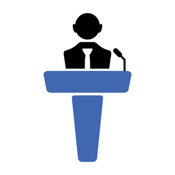 recommend clip art: Public Speaker Icon at Podium with Microphone Vector Illustration. A simplified silhouette of a person standing behind a blue podium, delivering a speech.