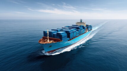 Container Ship Sailing Across Calm Ocean Under Clear Blue Sky