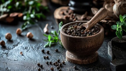 Dark wooden table with spices and coffee beans in rustic bowls for food styling photography culinary scene