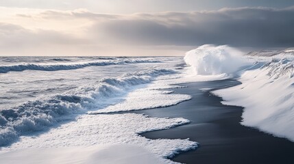 Powerful waves crashing on a snowy beach.