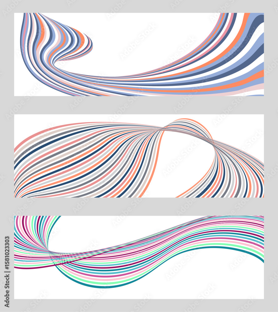 Poster Wavy lines or ribbons. Set of 3 backgrounds. Multicolored striped gradient. Creative unusual background with abstract gradient wave lines to create a trendy banner, poster. vector eps