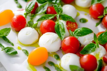 Caprese salad with mozzarella spheres and basil foam, clean and cool studio backdrop.