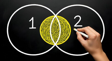 Venn diagram on blackboard. Business man drawing two circles.