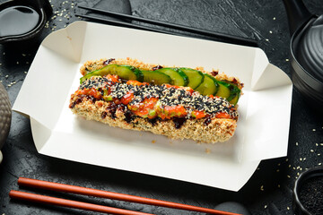 Fried Sushi roll with salmon and cucumber. Brazilian style. Sushi Dog.