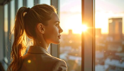 Woman gazing at sunset city view