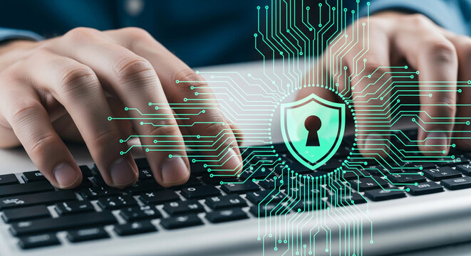 Hands typing on keyboard, overlaid with digital circuit board and security shield graphic, symbolizing online data protection and cybersecurity