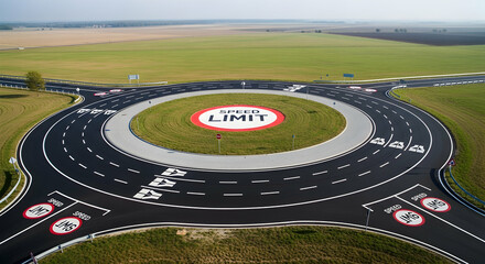 Aerial perspective of a modern roundabout with clear road markings and speed limit sign offering safe traffic management