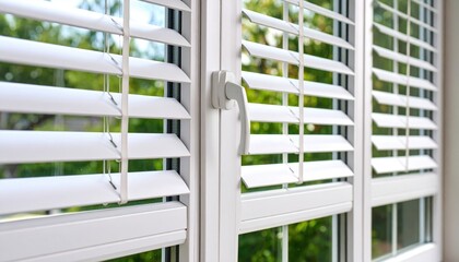 Bright and airy interior with white blinds partially open, showcasing a lush green garden outside