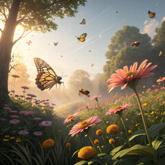 Magical forest meadow bathed in golden sunlight with butterflies fluttering among colorful flowers