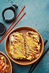 appetizing fresh sushi burgers. Japanese cuisine. Food delivery.