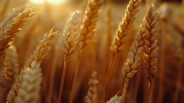 Golden wheat field during sunset, close up view of ripe crops