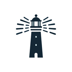 A dark silhouette of a lighthouse emitting beams of light against a minimalistic background