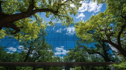 Fototapeta premium Modern glass building reflects lush green trees and blue sky, blending architecture with nature in a serene urban environment