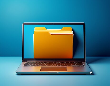 laptop with file folder on screen blue background generative ai - Powered by Adobe