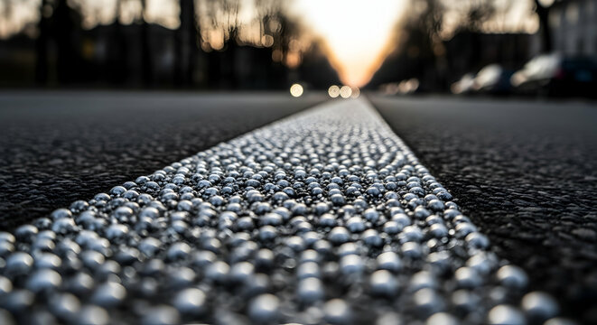 A Low Angle Perspective of Reflective Road Marking Beads on Asphalt Pavement at Dusk