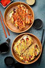 Trendy hybrid food. Asian sushi burger. Copy space.