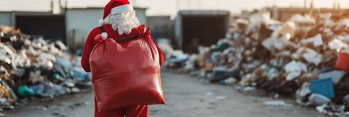 Santa delivers in an unusual locale, a huge red sack on his back contrasts sharply with the heaps of waste in the background. A surreal scene!