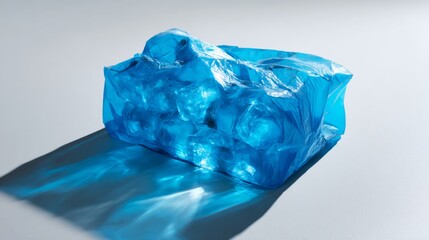 Fototapeta premium Single translucent blue ice cube casting shadow on white background for minimal cold beverage concept photo