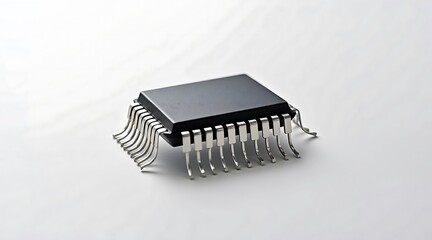 Black integrated circuit chip with silver pins on white background electronic technology 1