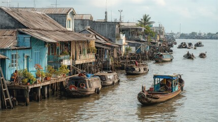 Obraz premium Water village houses and boats on a waterway.