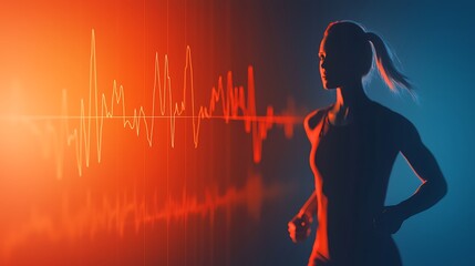 A silhouette of a woman runner with a heartbeat graph overlay, symbolizing fitness, health monitoring, and athletic performance.