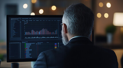 Analyzing data on a screen, a person with grey hair, wearing glasses and a suit is seen from the back in a dark office with illuminated background.