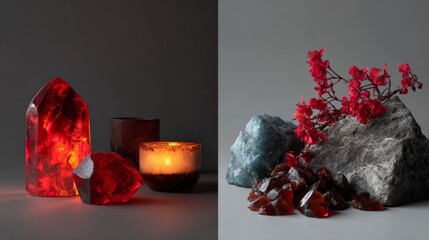 Red glowing crystals and candles in fantasy scene with smoke for mystical spiritual photography concept