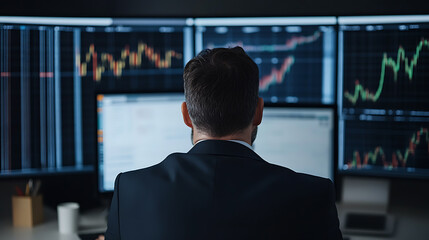 Fototapeta premium Analyzing Financial Data: A man in a suit intently studies multiple monitors displaying financial charts and data, focused on market trends and analysis.