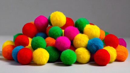 Bright pom pom balls in rainbow colors piled on white surface for craft supplies photography concept