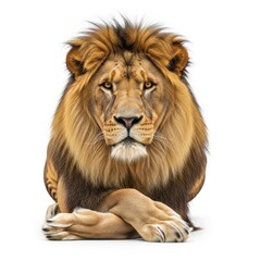 Fototapeta premium Majestic Male African Lion Lying Down Paws Crossed Golden Brown Mane